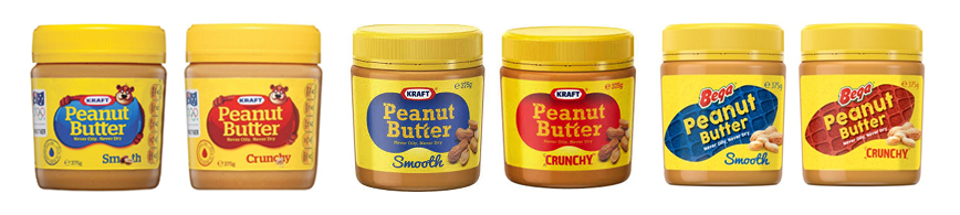 Images showing the labels on Kraft and Bega peanut butter jars