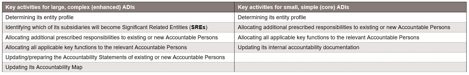 Key Activities for Large ADIs and Small ADIs previously subject to BEAR now transitioning to FAR, from Information Paper RG 278 